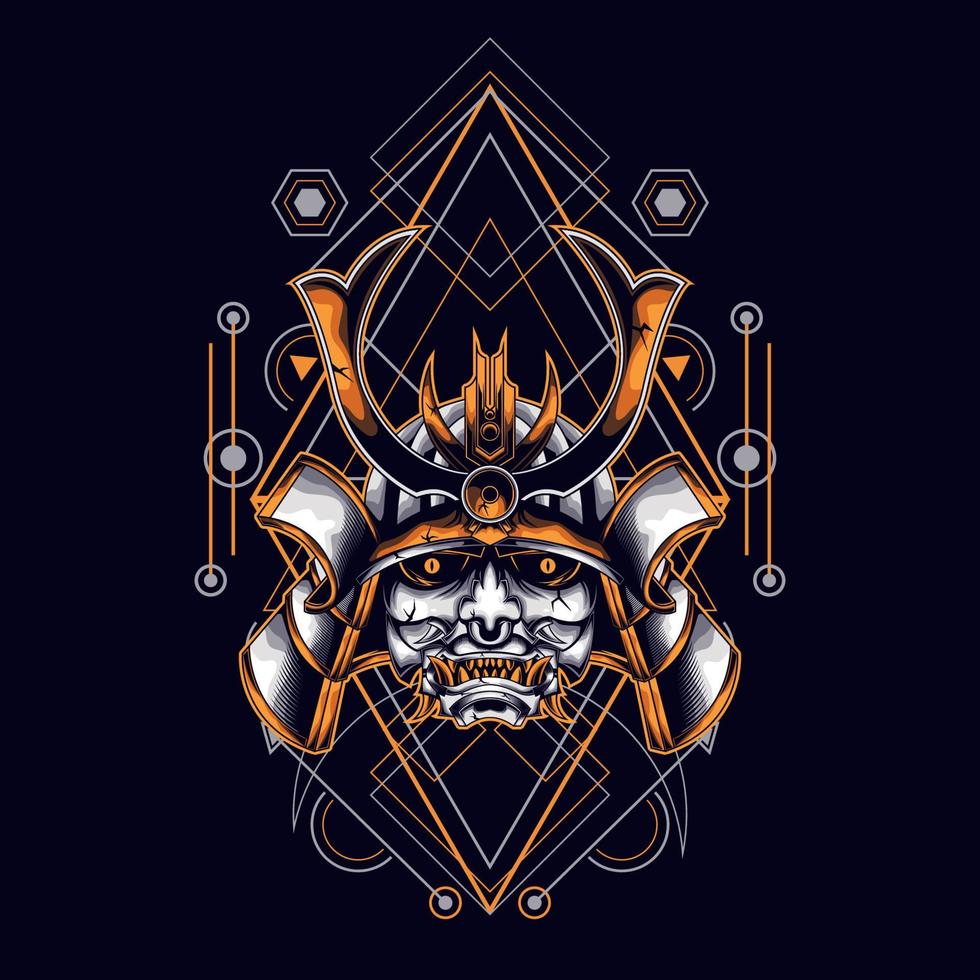 oni mask samurai head with sacred geometry ornament for t-shirt design vector