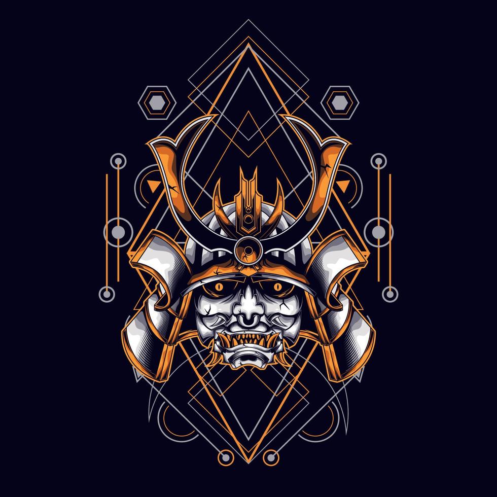 oni mask samurai head with sacred geometry ornament for t-shirt design vector