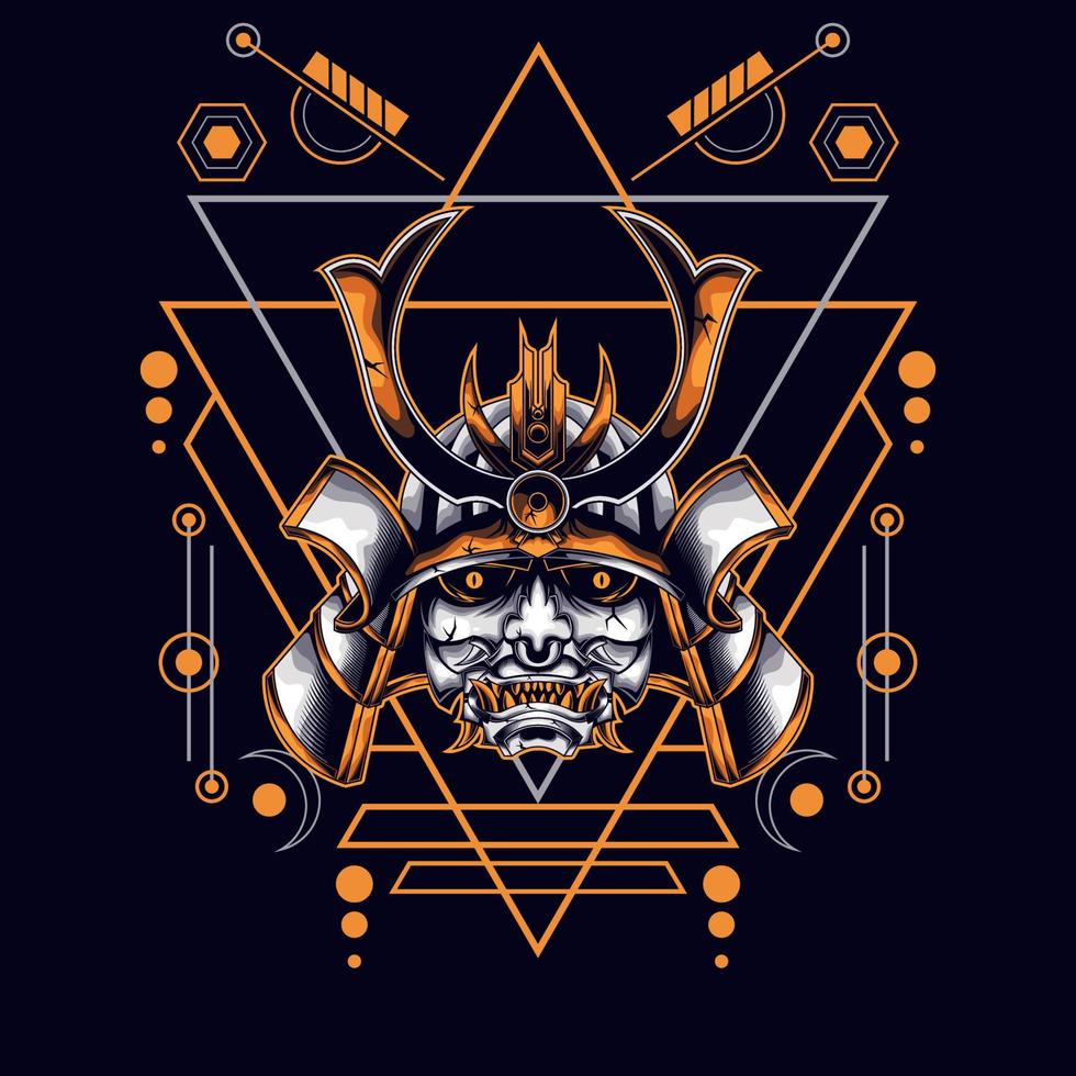oni mask samurai head with sacred geometry ornament vector