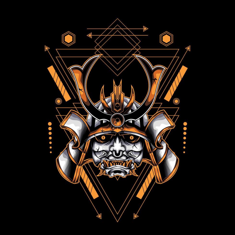 cabeza de oni samurai con adorno de geometría sagrada para papel pintado, pancarta, camiseta, afiche, sudadera con capucha, tottebag, fondo, tarjeta, ilustración de libros y página de inicio web vector