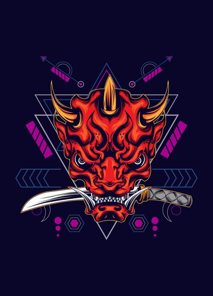 Demon oni mask with katana sword and sacred geometry pattern vector