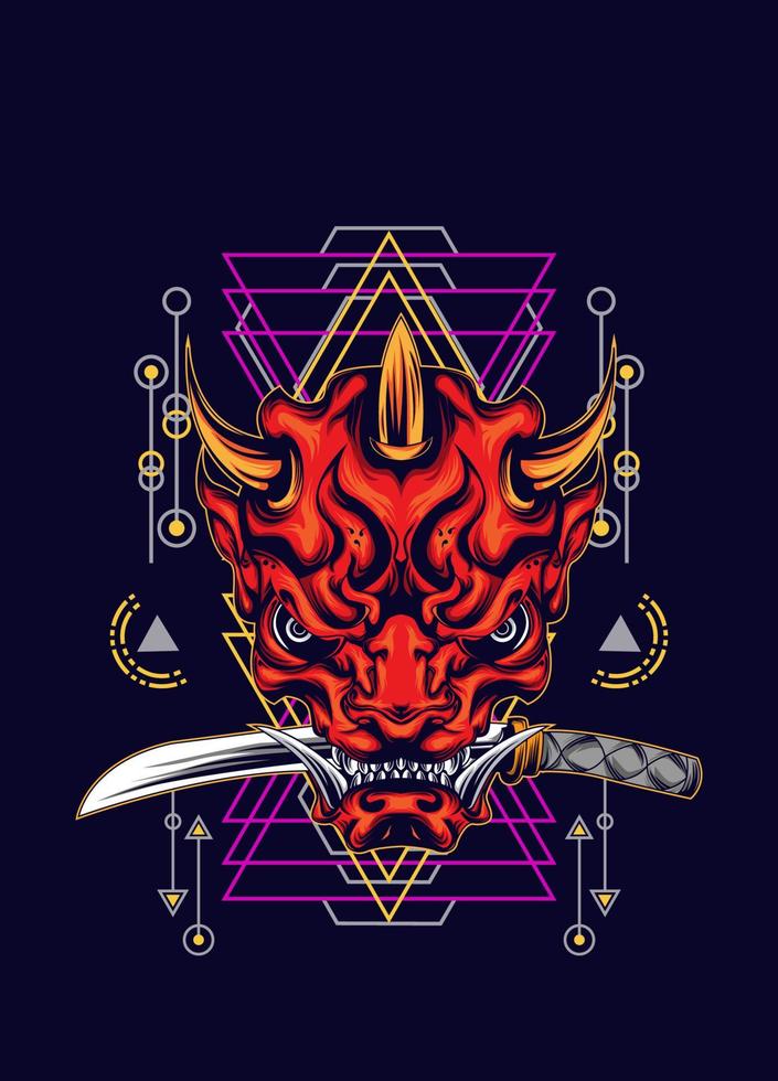 Demon oni mask with katana sword and sacred geometry pattern vector