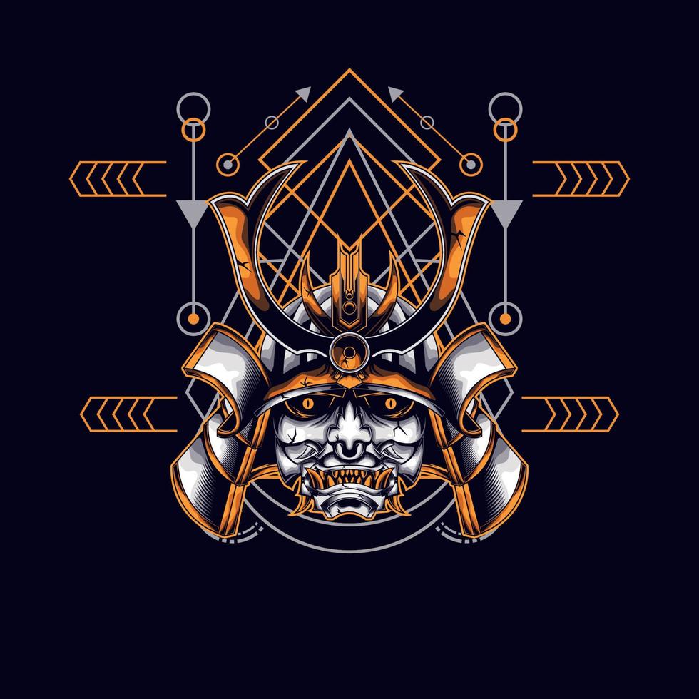 oni mask samurai head with sacred geometry ornament vector