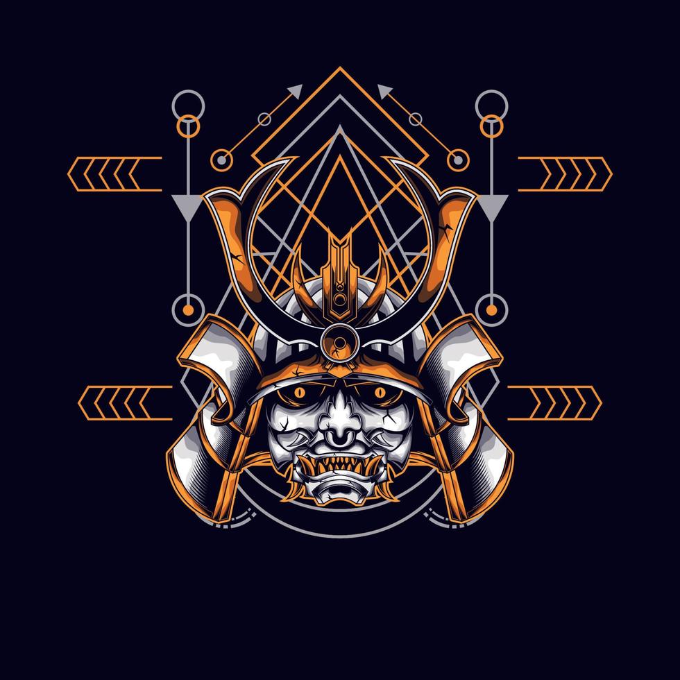 oni mask samurai head with sacred geometry ornament vector