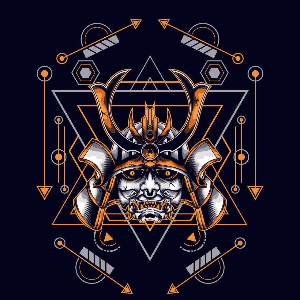 oni mask samurai head with sacred geometry ornament for t-shirt design vector