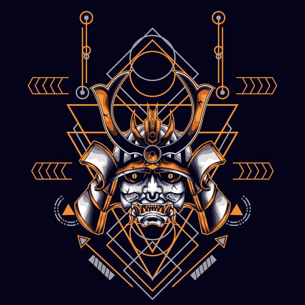 oni mask samurai head with sacred geometry ornament vector