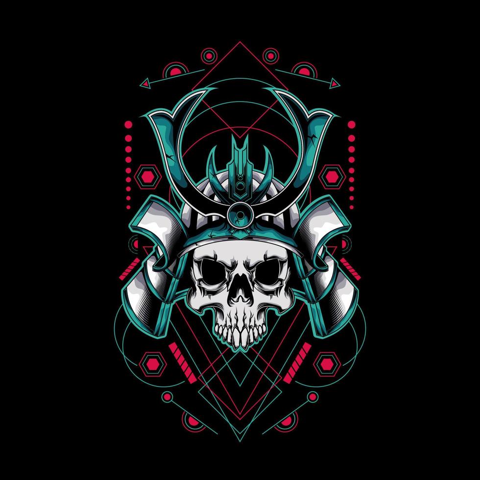 cabeza de calavera samurai con adorno de geometría sagrada. eps10 vector