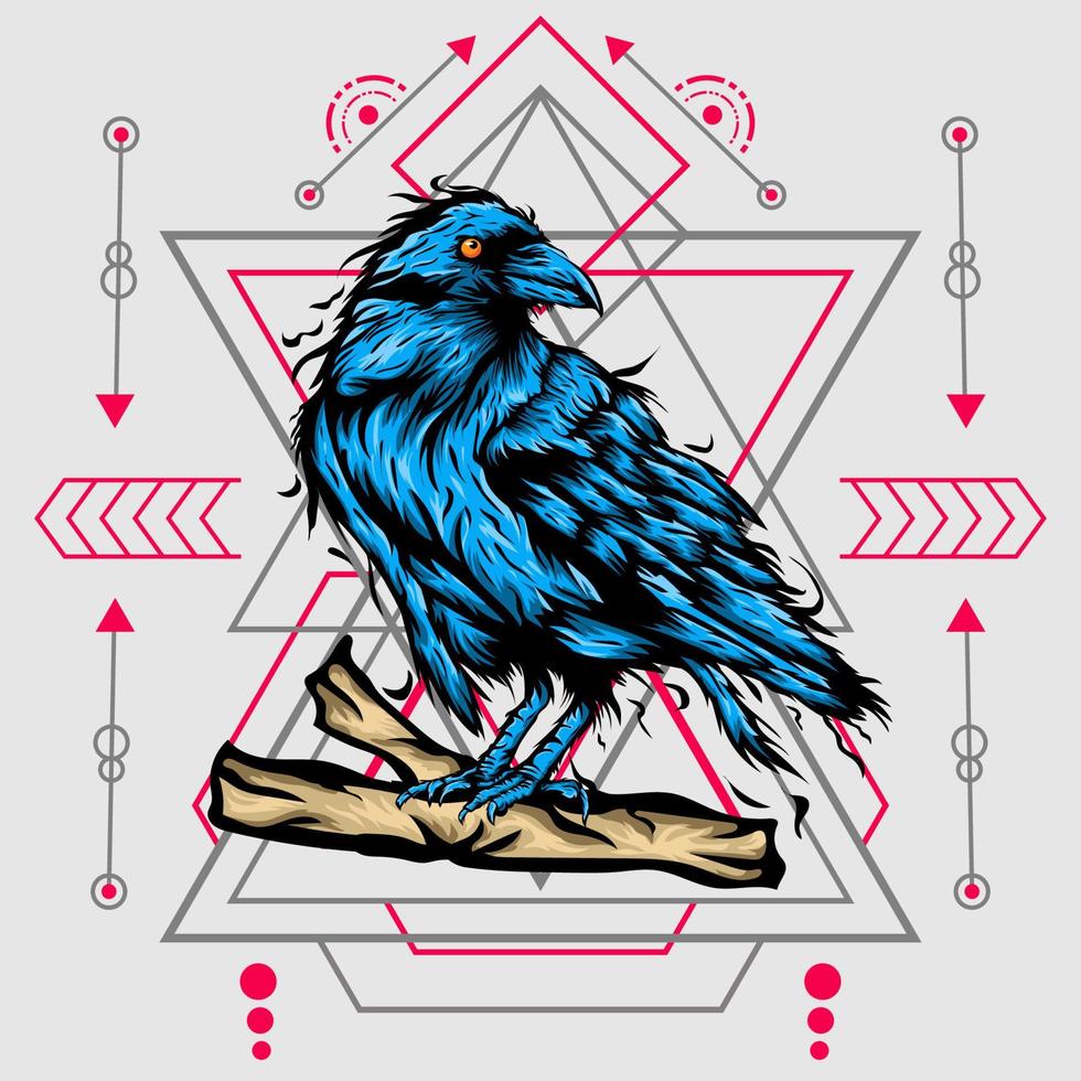 Raven, bird crow, vector illustration with sacred geometry pattern for t shirt design