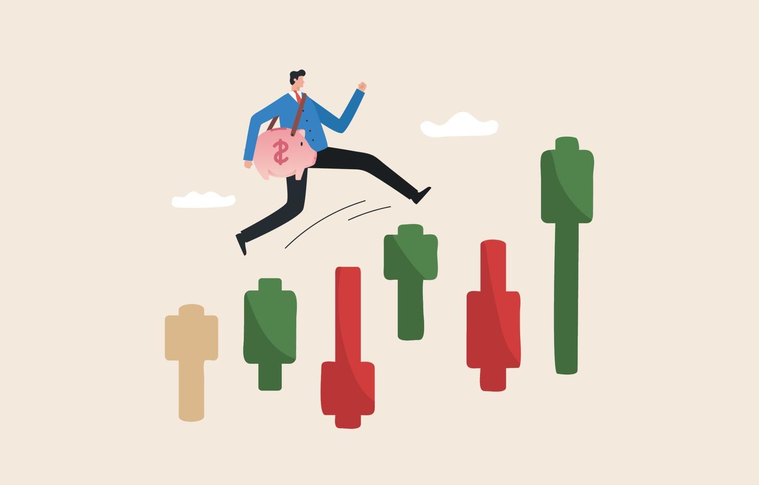 Volatility stock market or Crypto currency. profit from trading. Overcome the risks of the investment crisis. Businessman jumping from falling candlestick to rising candlestick. vector