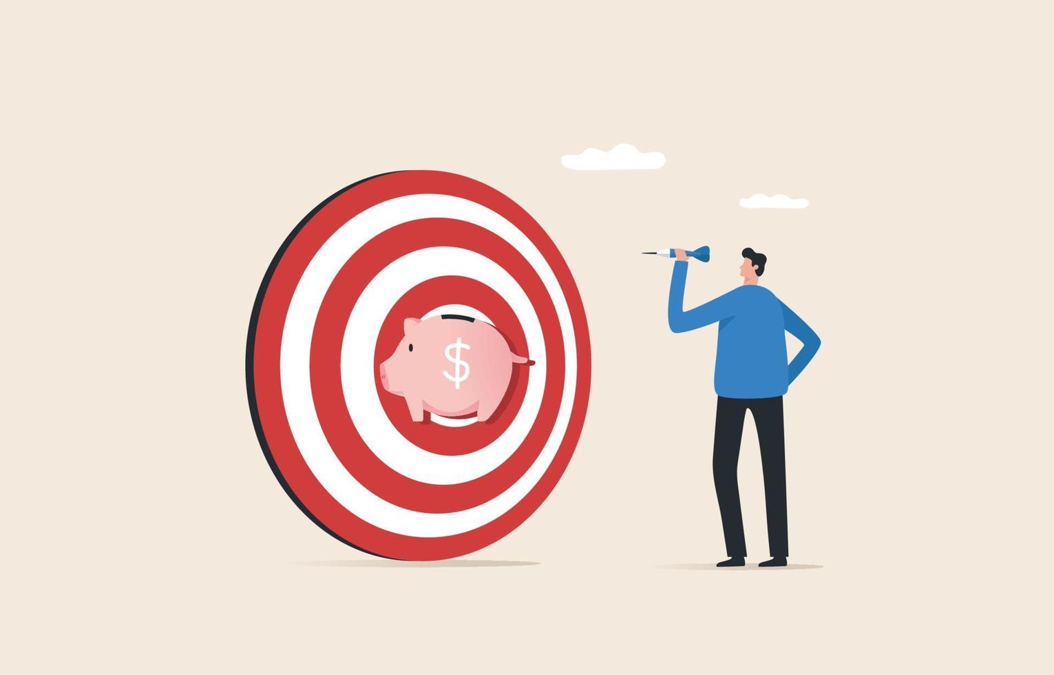 Set Savings Goals. Choose a specific savings goal.  Make a clear financial plan for saving. A young man throws a dart at the piggy bank. vector