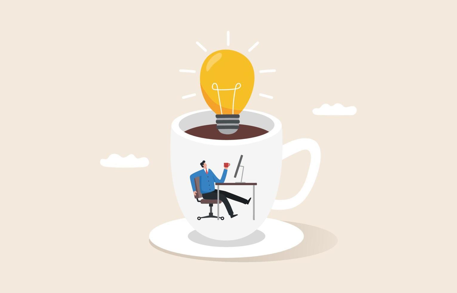 Coffee break with light bulb idea. Creativity or new Inspiration. work with hot drink. Planning with brainstorming. Employees sit and drink coffee in a giant cup. vector