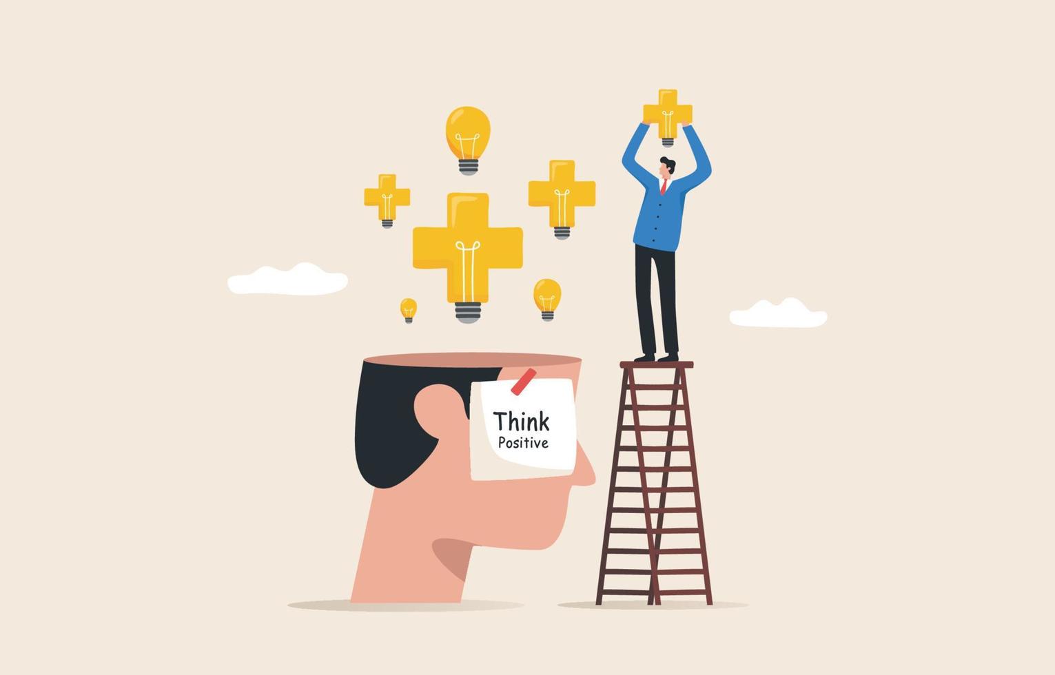 Think positive, look at the world optimistically. Good mental health will make life better. A businessman stands on a ladder and puts an idea light bulb on a giant human head. vector