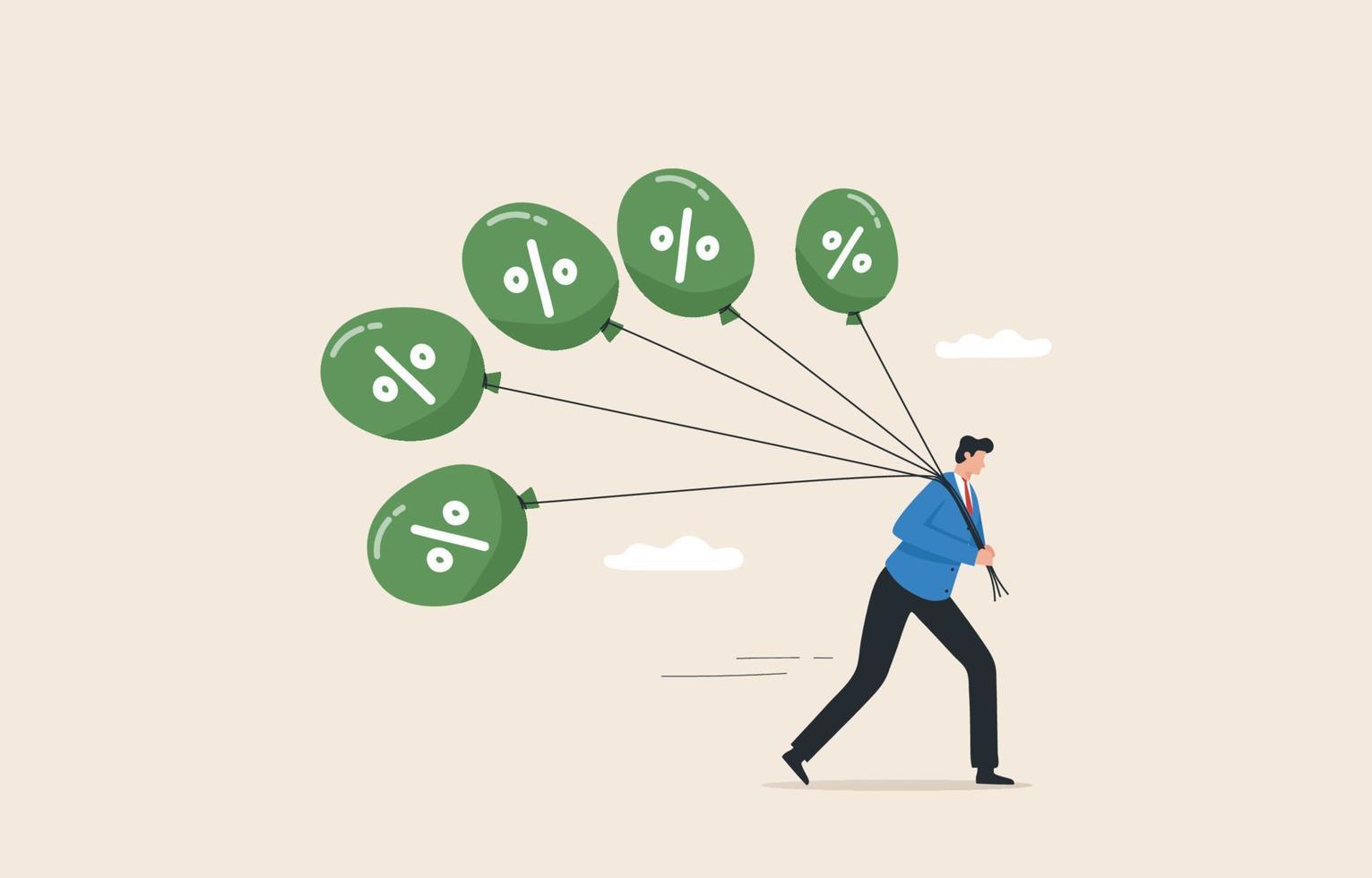 Stop inflation, Inflation bubble. Reserve try to tame inflation down by interest rate hike. A businessman tries to pull down many inflation balloons. vector
