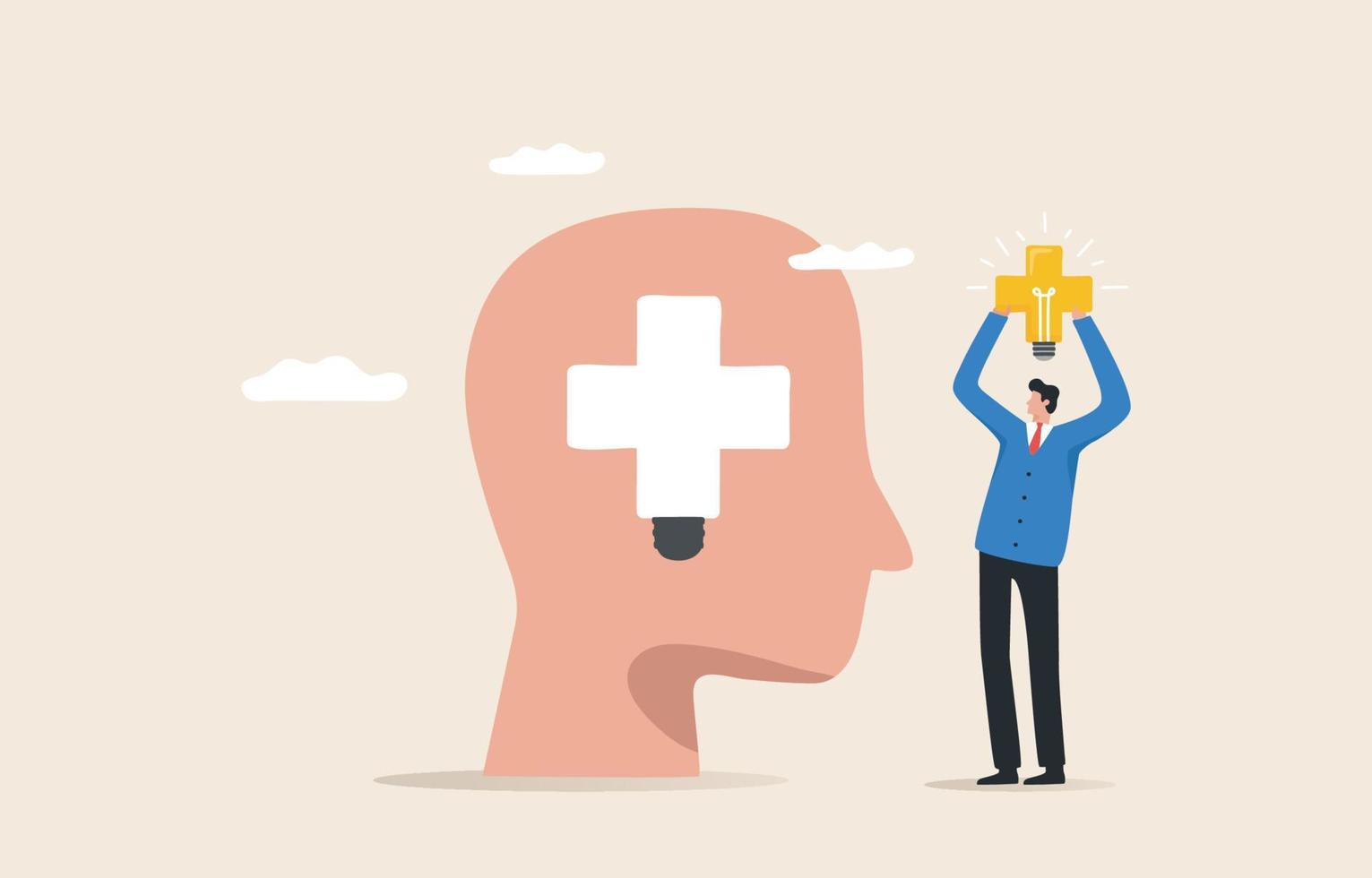 Positive attitude. Develop an attitude towards work and life. Leadership that understands others.Businessman put Positive thinking light bulb sign on the big head human. 8969083 Vector Art at Vecteezy