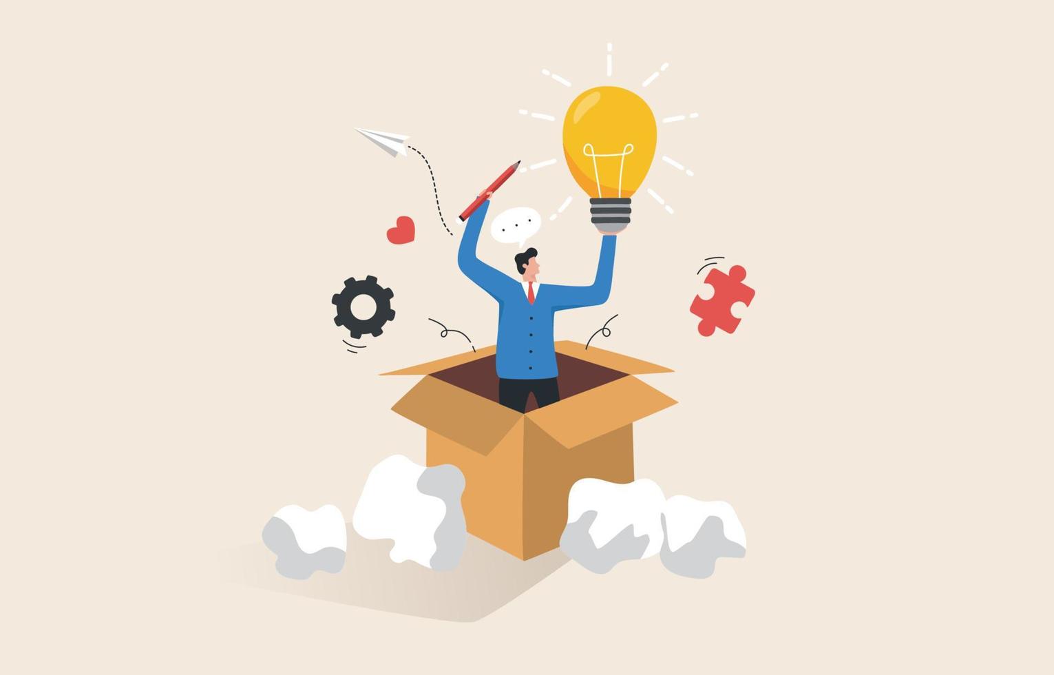 Discovering new creative ideas. Think outside the box. Solving work problems through innovation. Businessman holding a light bulb idea out of a box. vector