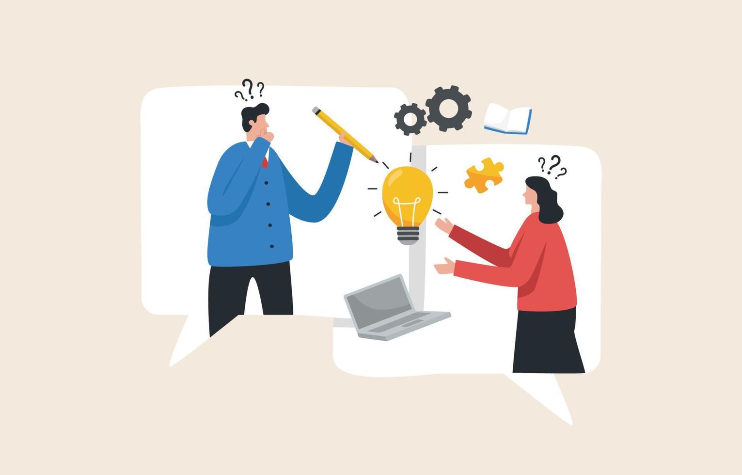 Communicate idea. Remote work collaboration. Online meeting. Conference video call. Giving opinions or brainstorming. Male and female employees talking in the speech box. vector