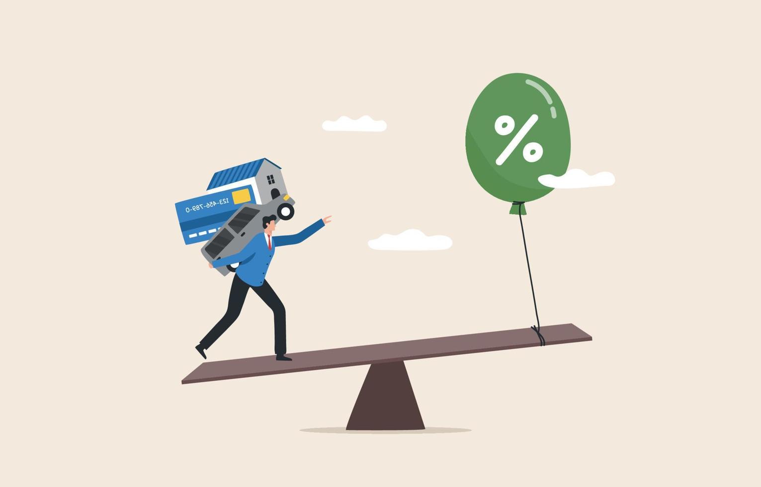 Debt inflation.Raising interest rates raises household debt.Floating interest ceiling.  Air balloon tied to a seesaw. Businessman who is carrying a heavy burden of debt vector. vector