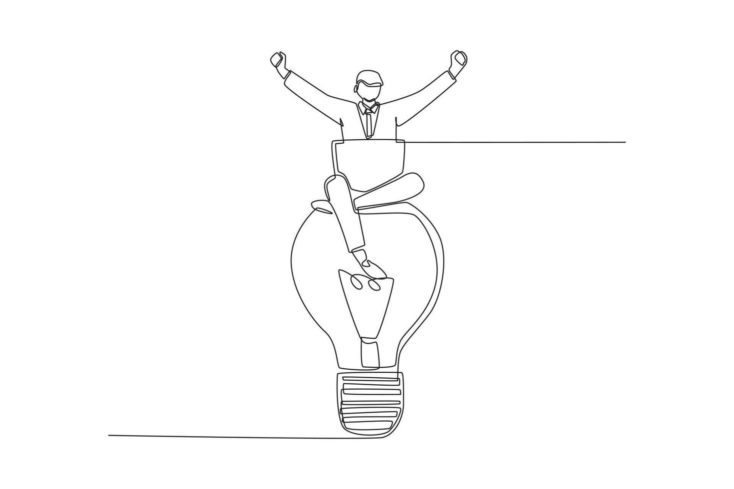 Continuous one line drawing happy businessman with laptop sitting on light bulb idea. Business success concept. Single line draw design vector graphic illustration.