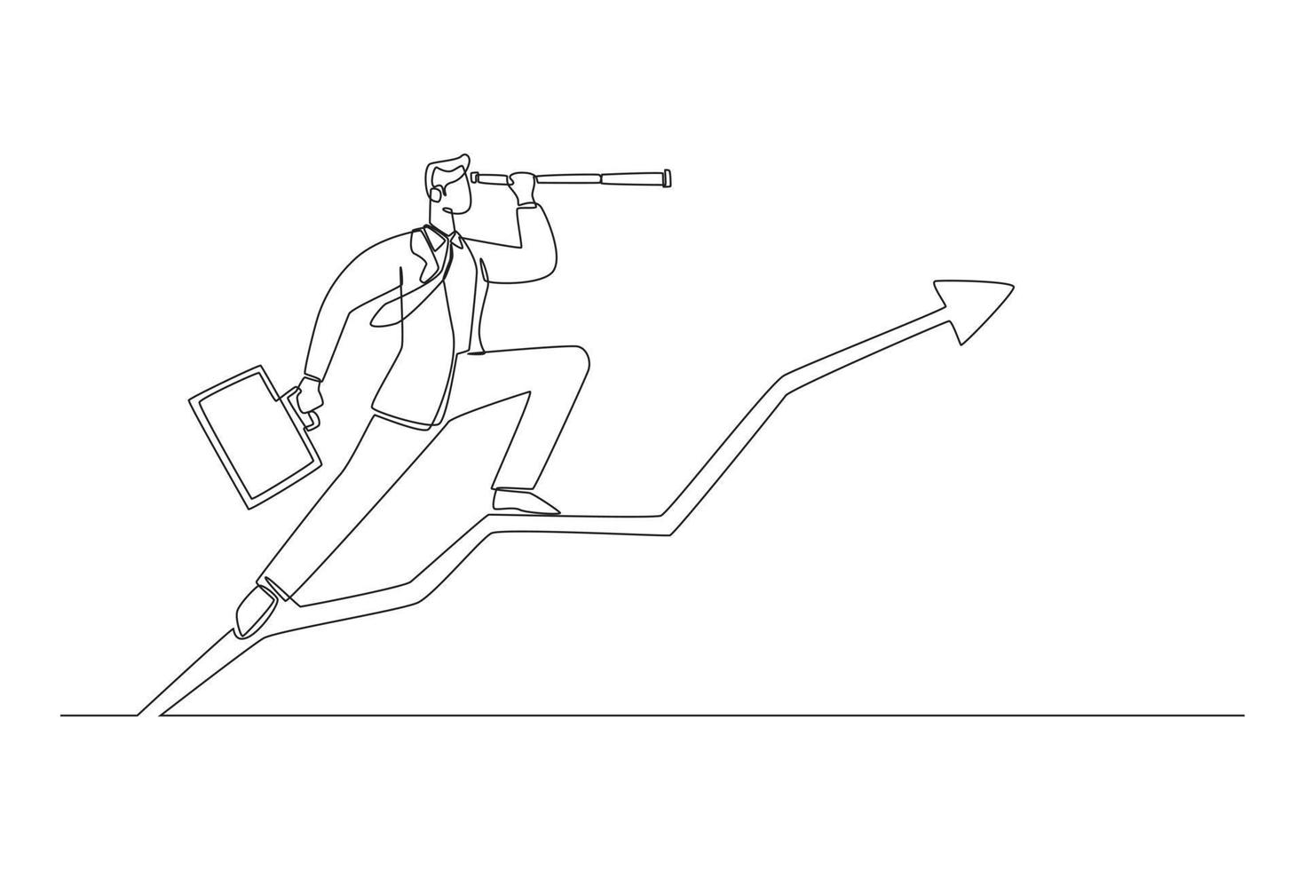 Continuous one line drawing businessman with telescope climb up on the arrow graph. Business success concept. Single line draw design vector graphic illustration.