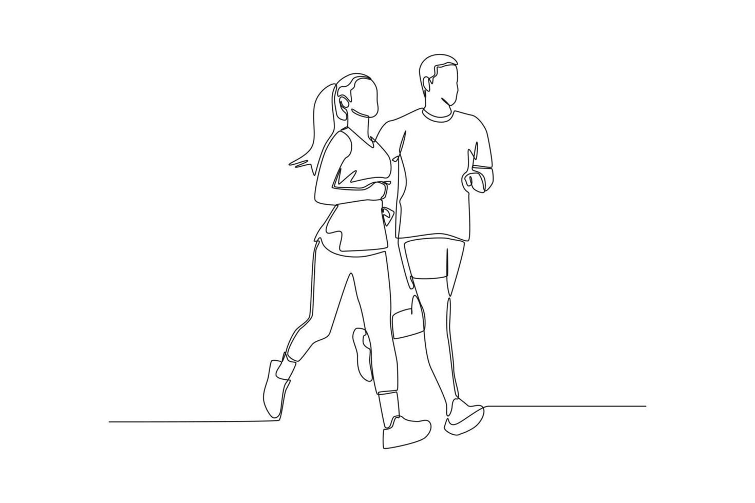 Continuous one line drawing young man and woman in sportswear jogging on the street. Sport concept. Single line draw design vector graphic illustration.