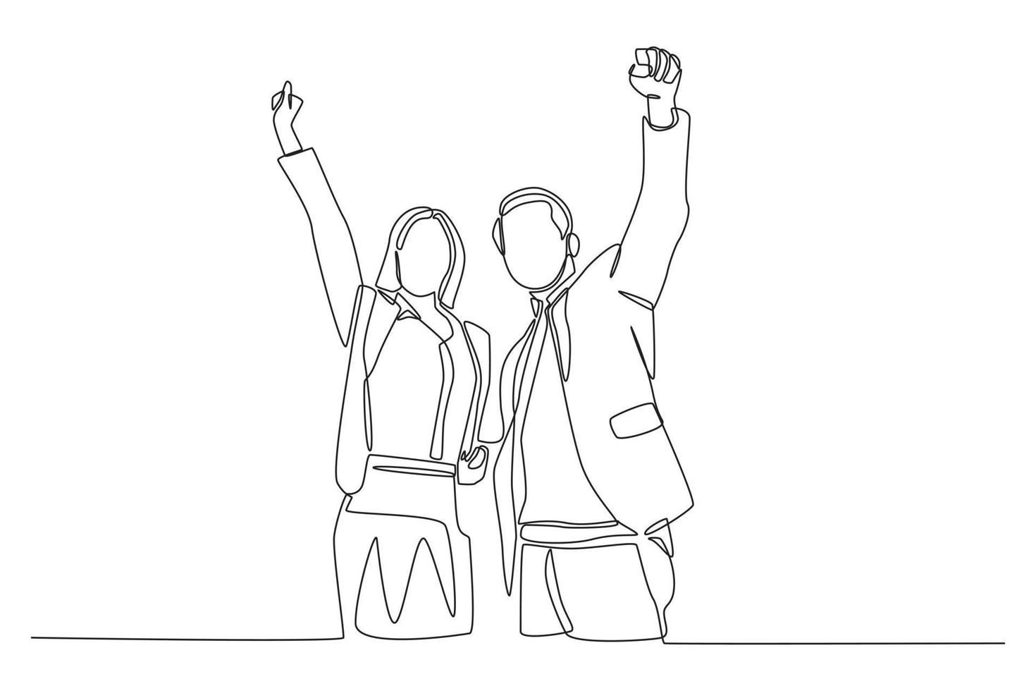 Continuous one line drawing Happy Businessman and team raise up hand for achievement together. Business success concept. Single line draw design vector graphic illustration.