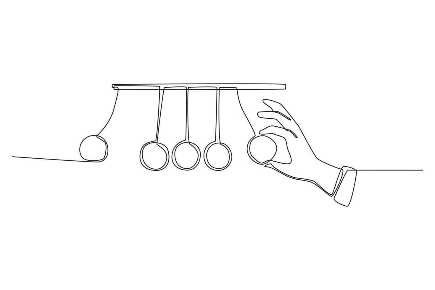 Simple continuous line drawing Newton cradle pendulums  kinetic balls hand pulling one. Subjects concept in school and university. Continuous line draw design graphic vector illustration.
