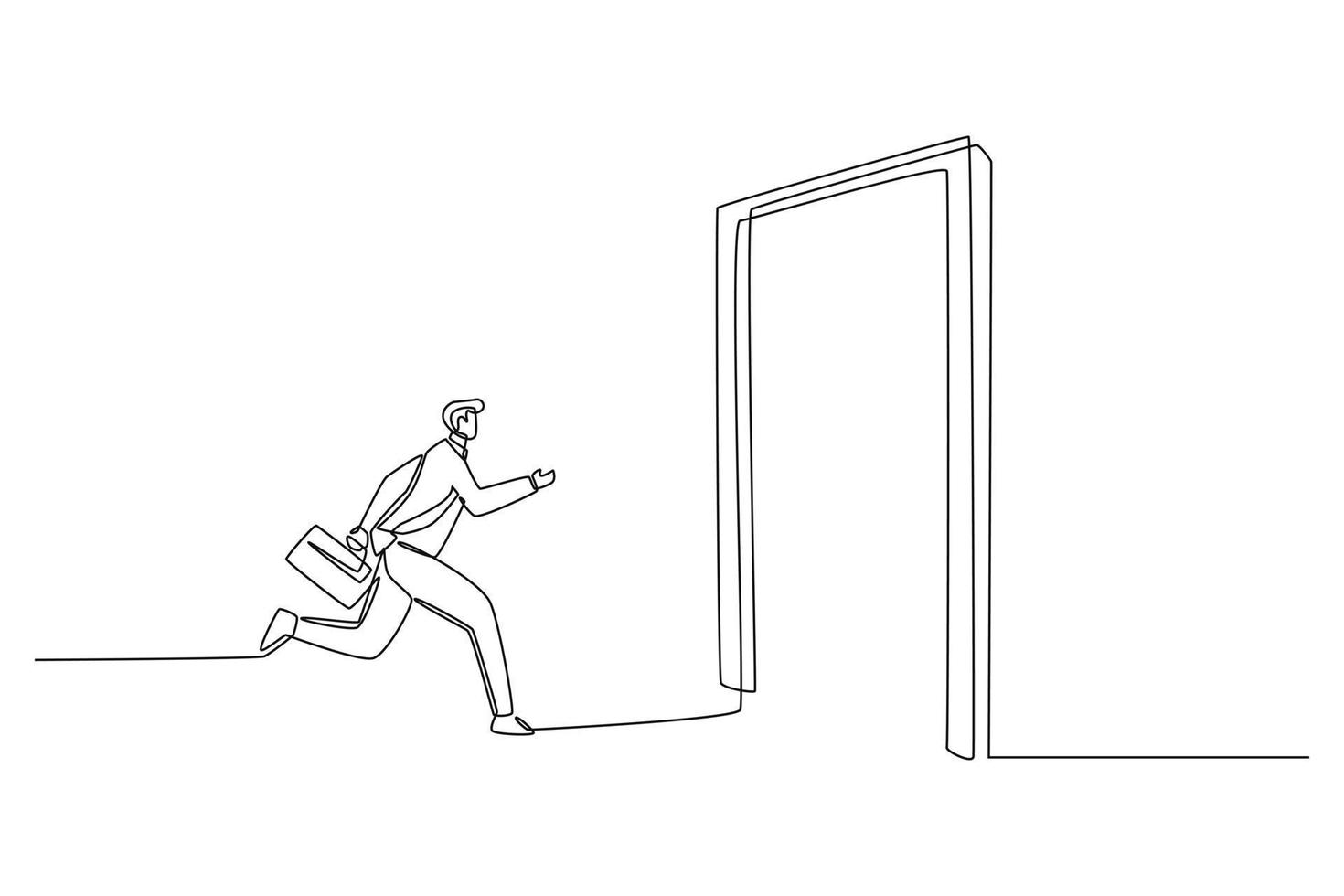 Continuous one line drawing employee resign and running through exit door. Human resources concept. Single line draw design vector graphic illustration.