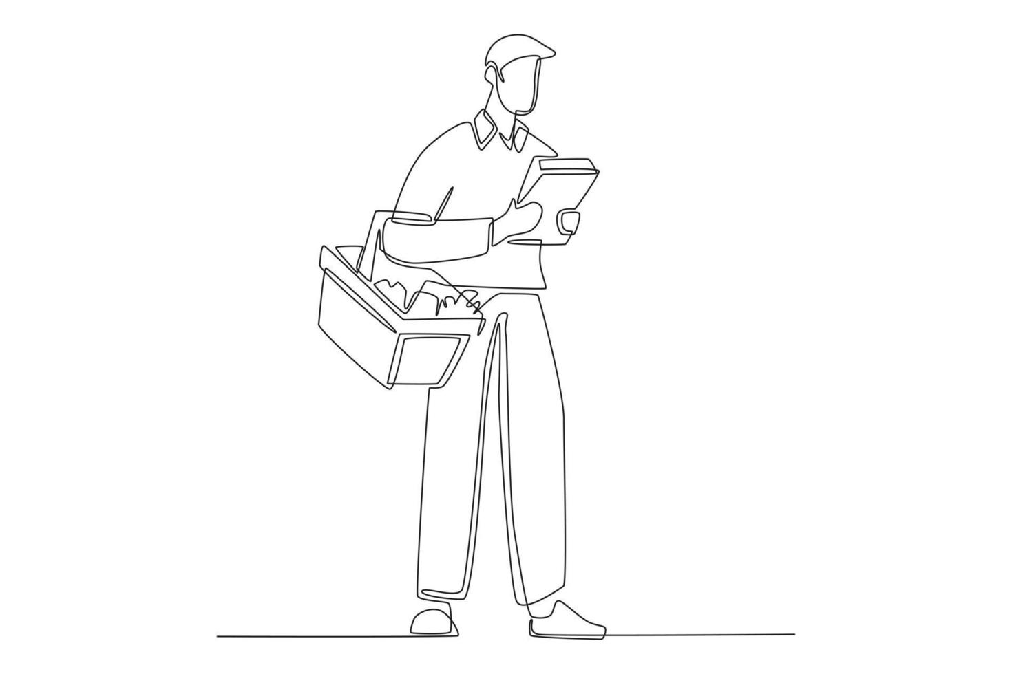 One continuous line drawing of man with basket checking shopping list in note. Shopping Mall concept. Single line draw design vector graphic illustration.