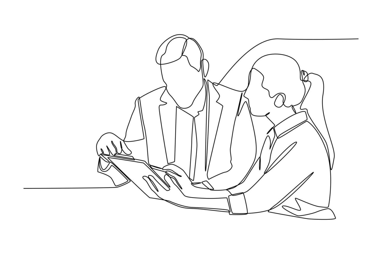 Continuous one line drawing. Male CEO giving consultation to female about project. Communication and Project management concept. Single line draw design vector graphic illustration.