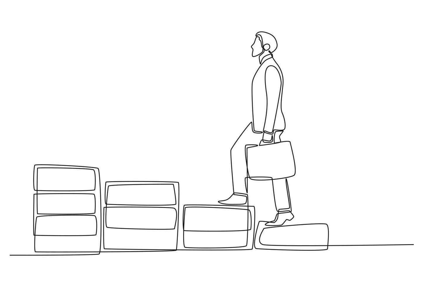 Single one line drawing Businessman with suitcase walking the scale. Career success concept. Continuous line draw design graphic vector illustration.
