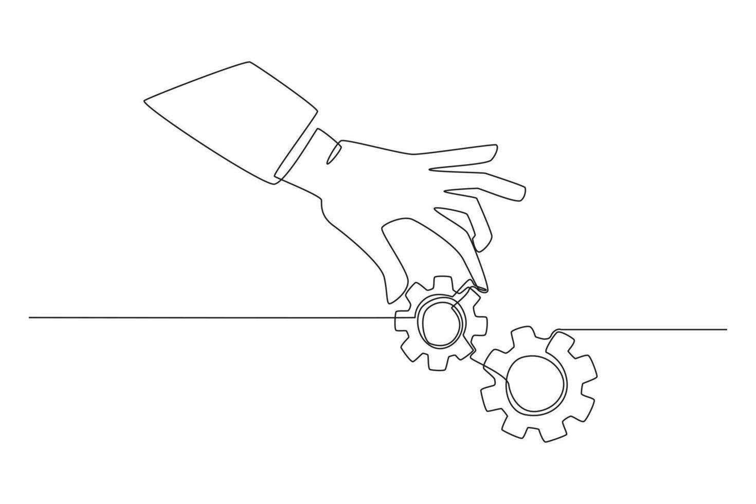 Continuous one line drawing businessman hand put important gear or cogwheel to make machine run good. Work flow concept.  Single line draw design vector graphic illustration.