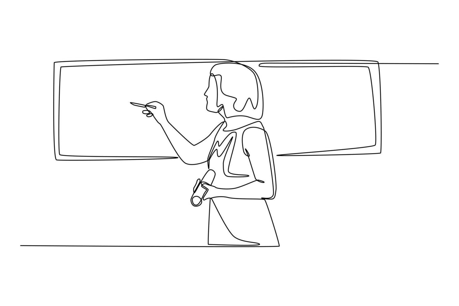 Continuous one line drawing Woman coach showing project management studies on the whiteboard. Communication and Project management concept. Single line draw design vector graphic illustration.