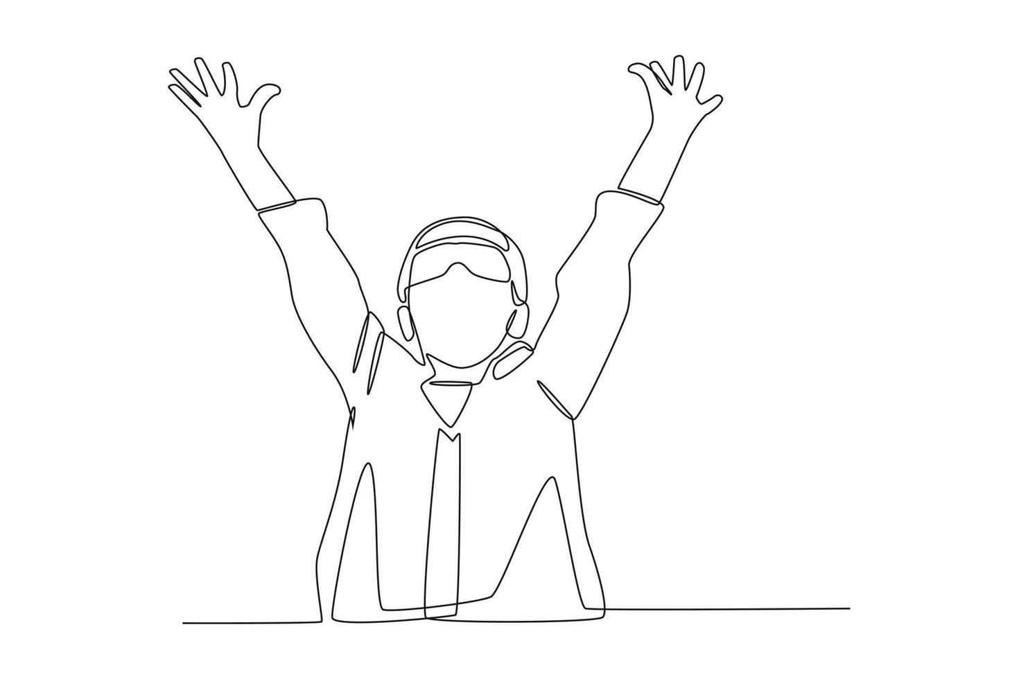Continuous one line drawing happy young boy with protective glasses rise up hand. Scientist concept. Single line draw design vector graphic illustration.