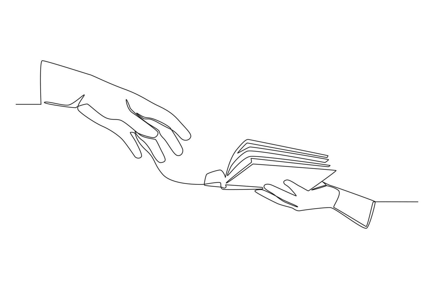 Single one line drawing Hand Giving Book. Sharing knowledge concept. Continuous line draw design graphic vector illustration.