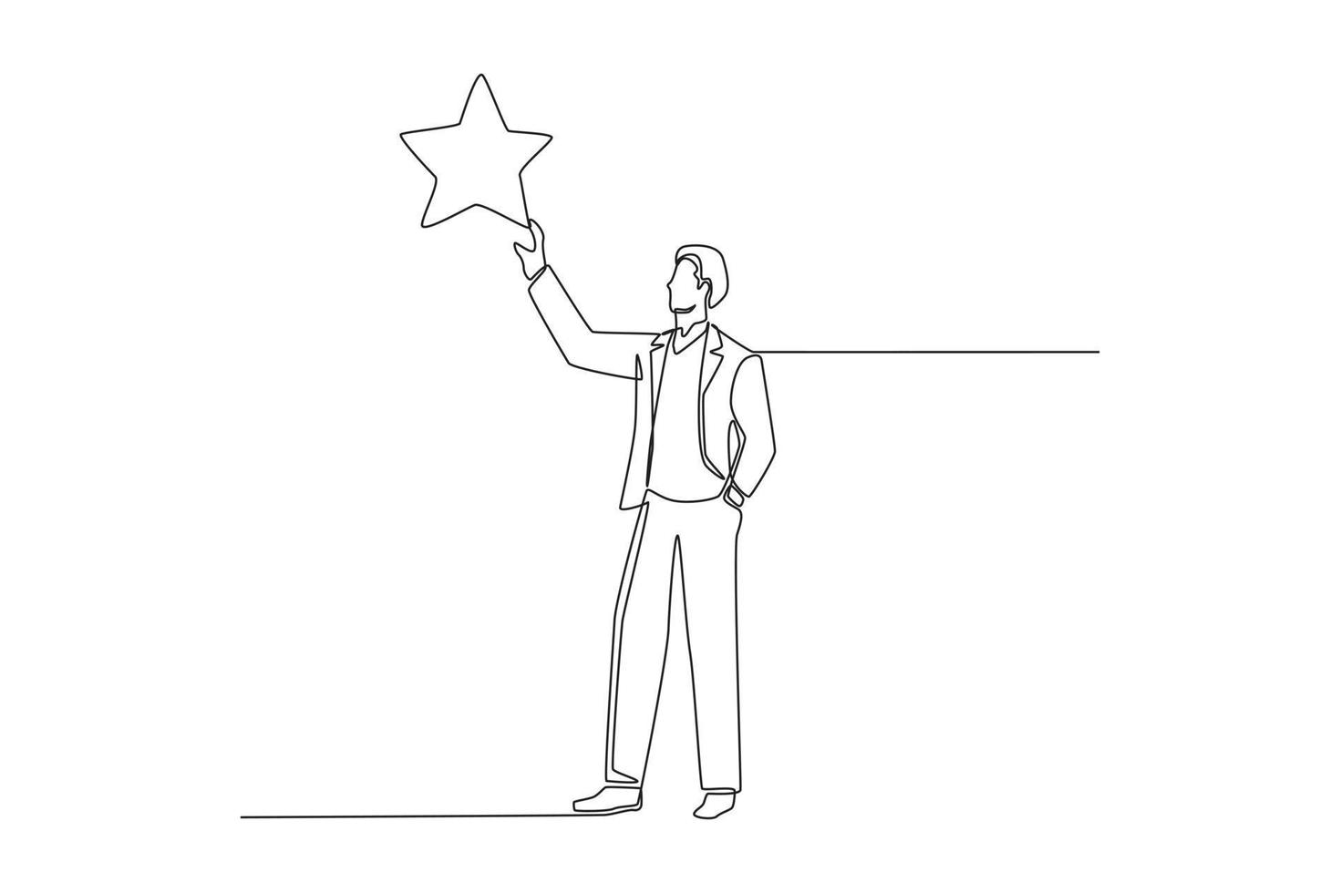 Continuous one line drawing businessman rising up hand reaching grab precious star. Career path or dream job concept. Single line draw design vector graphic illustration.