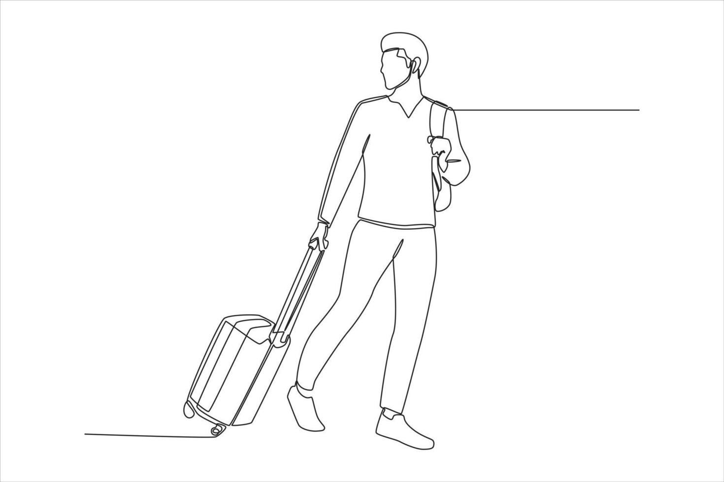 Single one line drawing young man with with luggage looking back in the airport. Happy young man arrived from trip. Airport activity concept. Continuous line draw design graphic vector illustration.