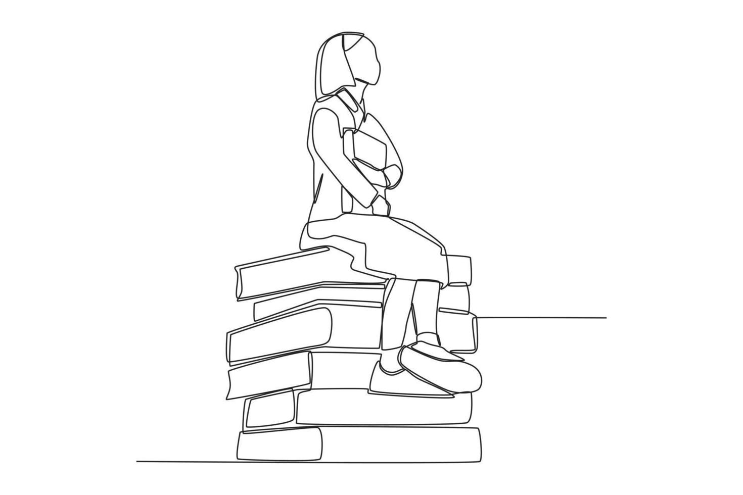 Continuous one line drawing little girl student sitting on the pile of books. Back to school concept. Single line draw design vector graphic illustration.