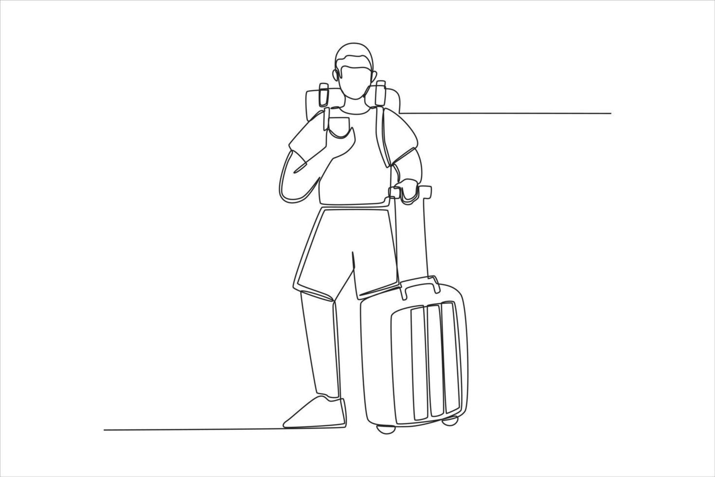 Single one line drawing traveler man standing with suitcase and bag on back. Airport activity concept. Continuous line draw design graphic vector illustration.