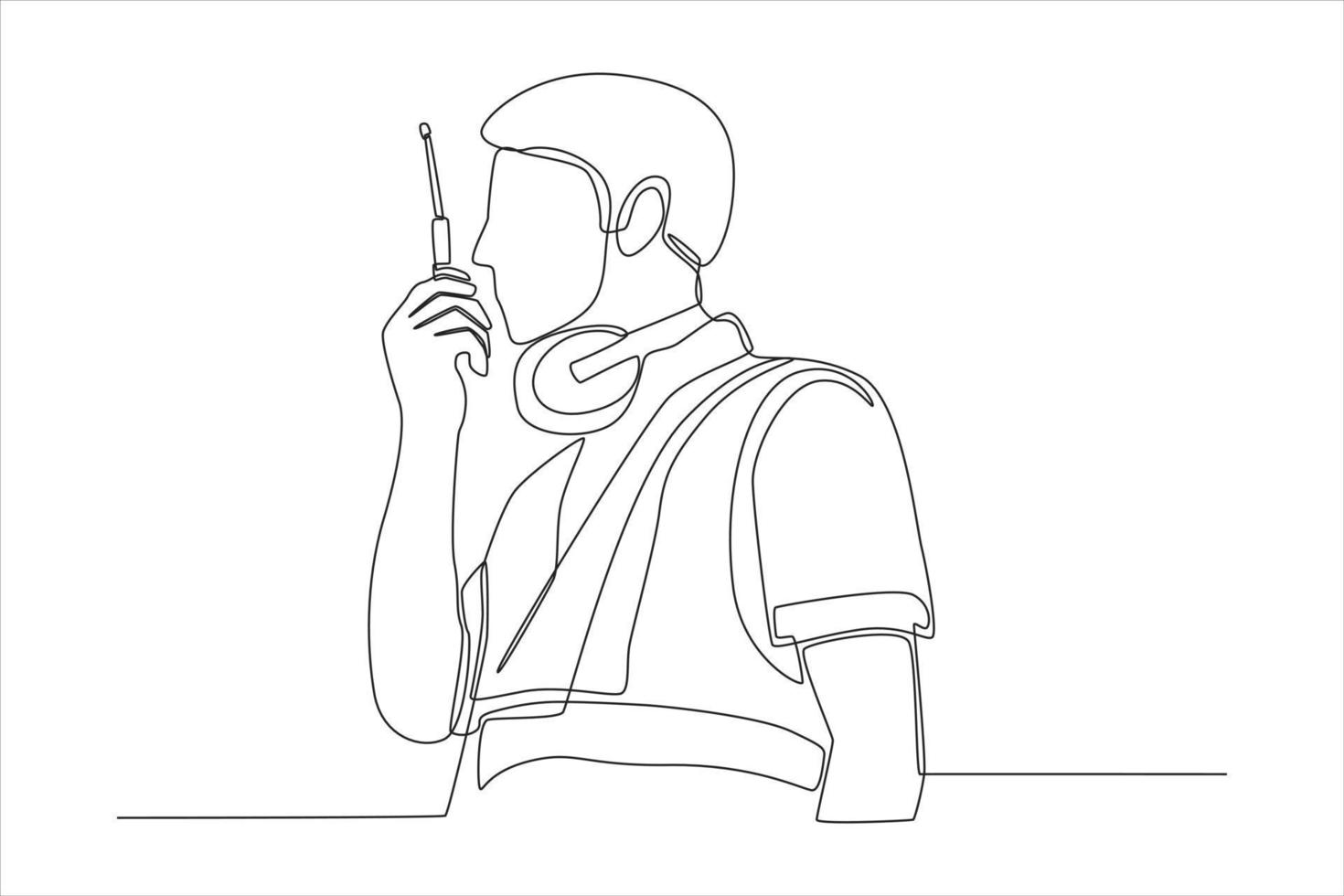 Single one line drawing Airport Ground Worker Man Communicating Over Walkie Talkie about Airspace Security at the airport. Airport activity concept. Continuous line draw vector illustration.