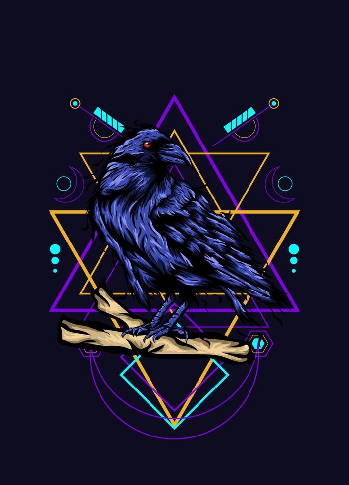 Raven, bird crow, vector illustration with sacred geometry pattern for t shirt design