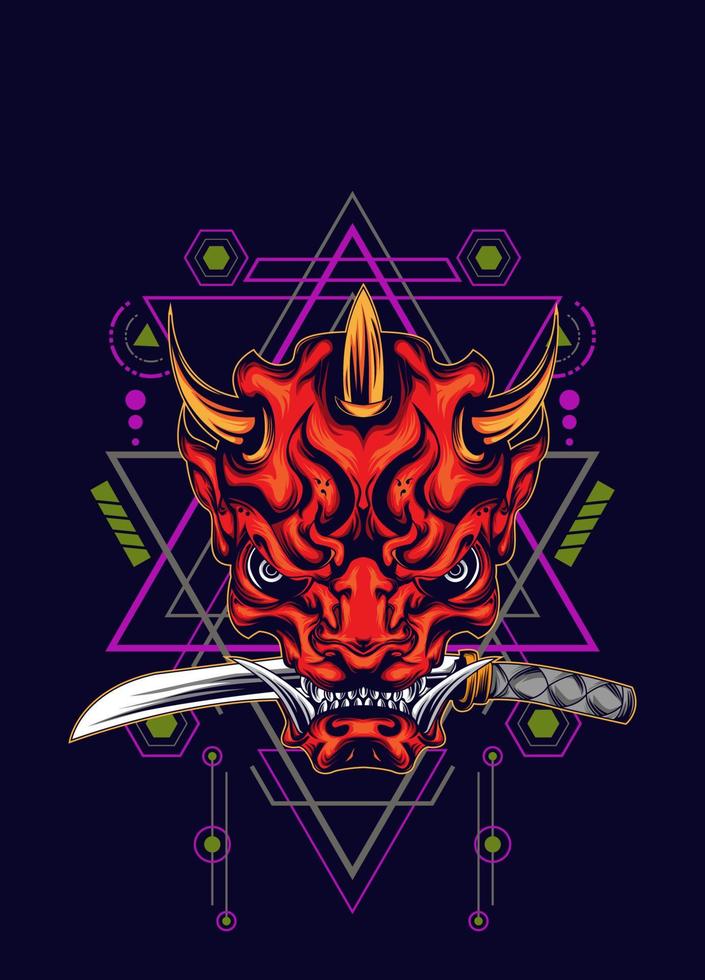 Demon oni mask with katana sword and sacred geometry pattern vector