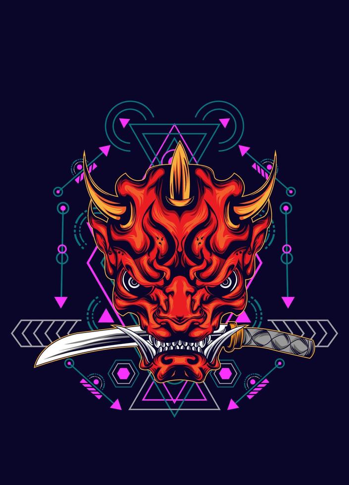 Demon oni mask with katana sword and sacred geometry pattern vector