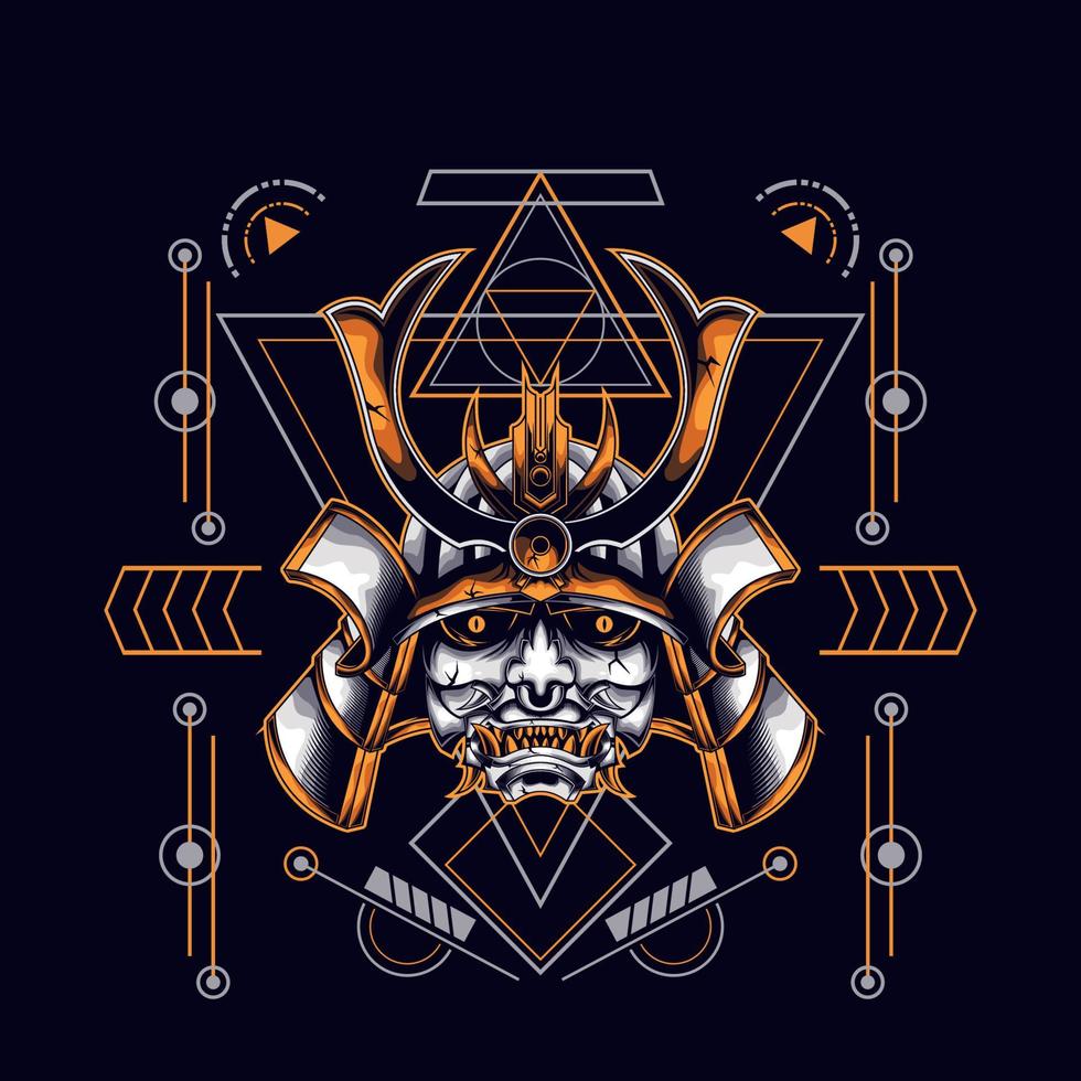 oni mask samurai head with sacred geometry ornament for t-shirt design vector