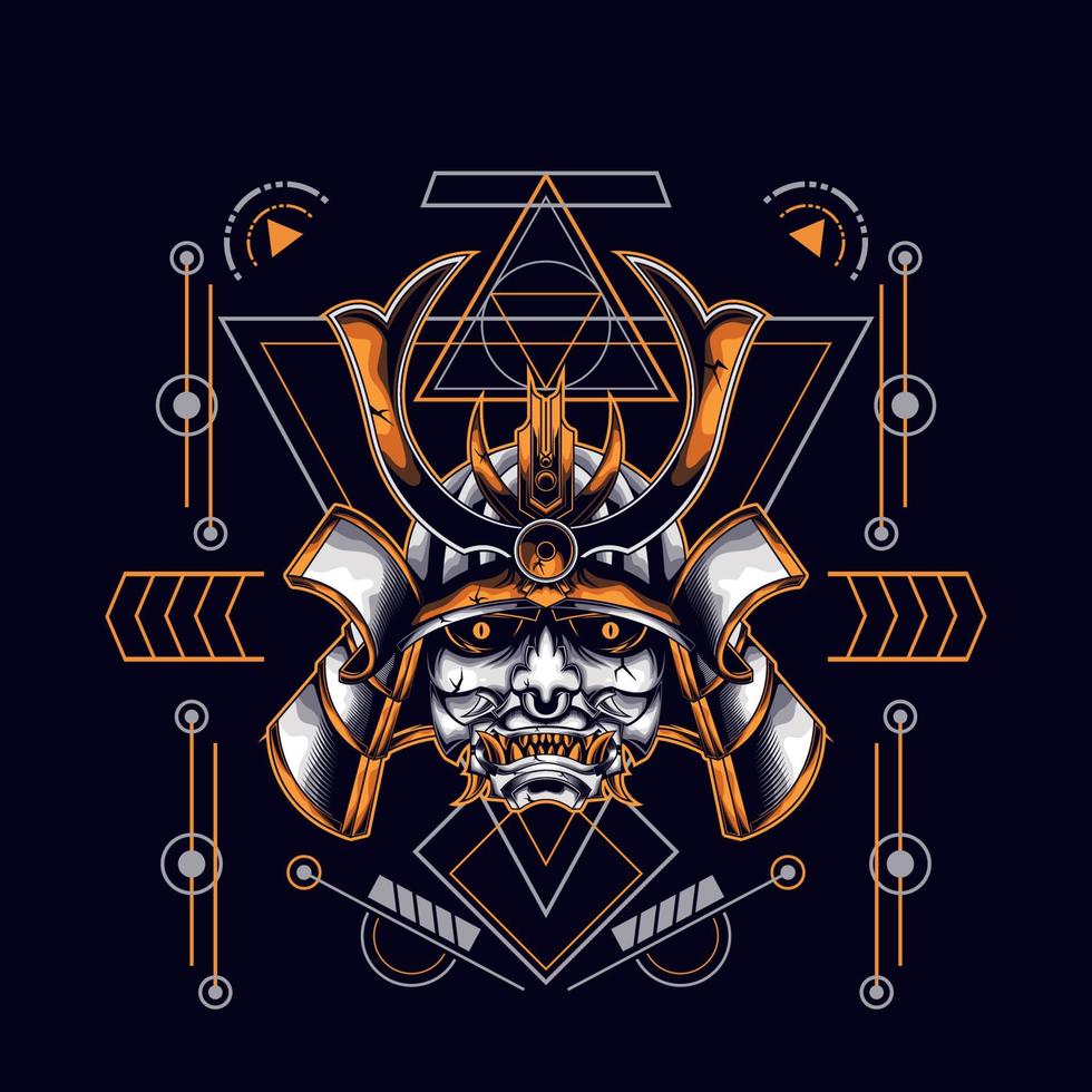 oni mask samurai head with sacred geometry ornament for t-shirt design vector