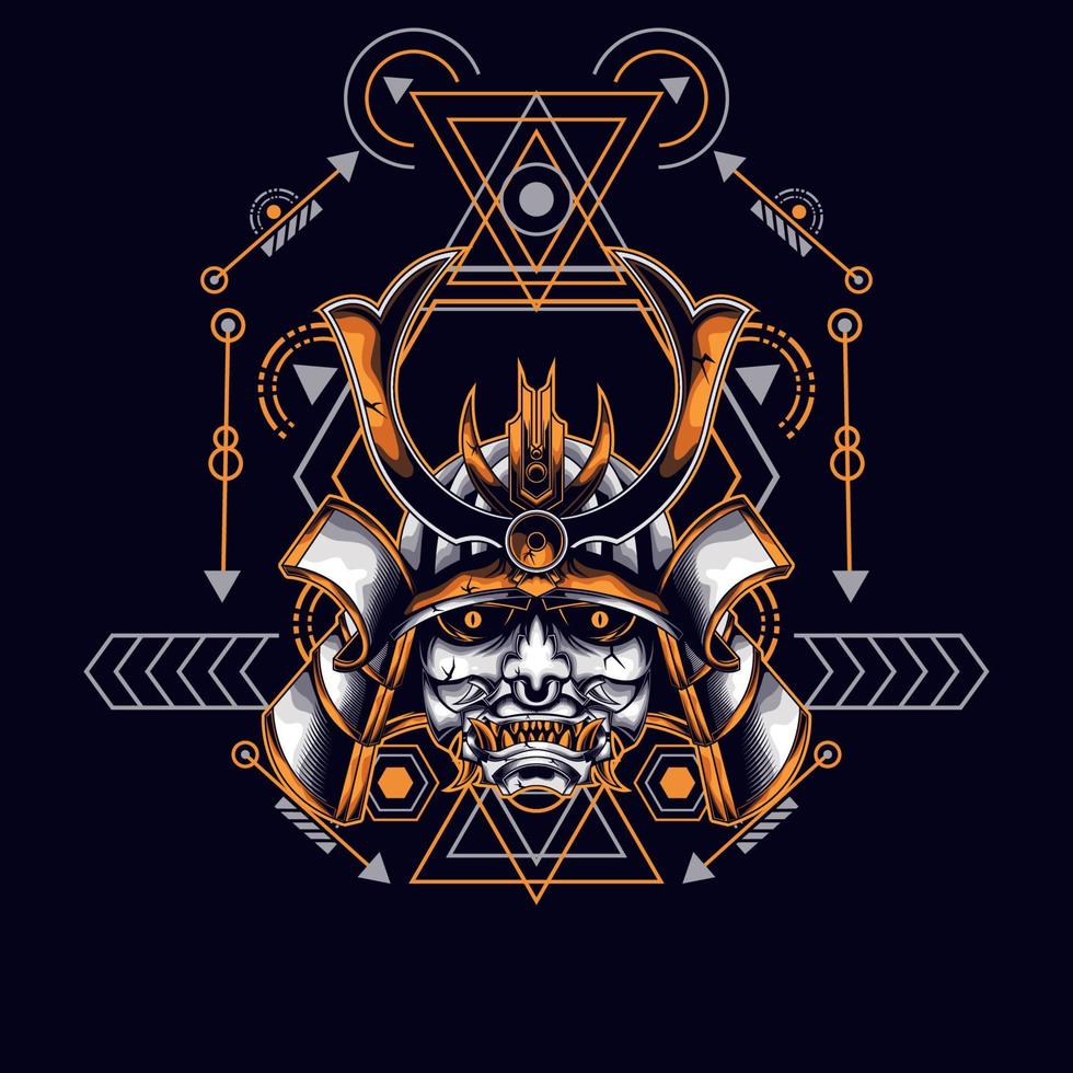 oni mask samurai head with sacred geometry ornament vector
