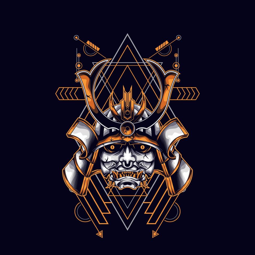 oni mask samurai head with sacred geometry ornament vector