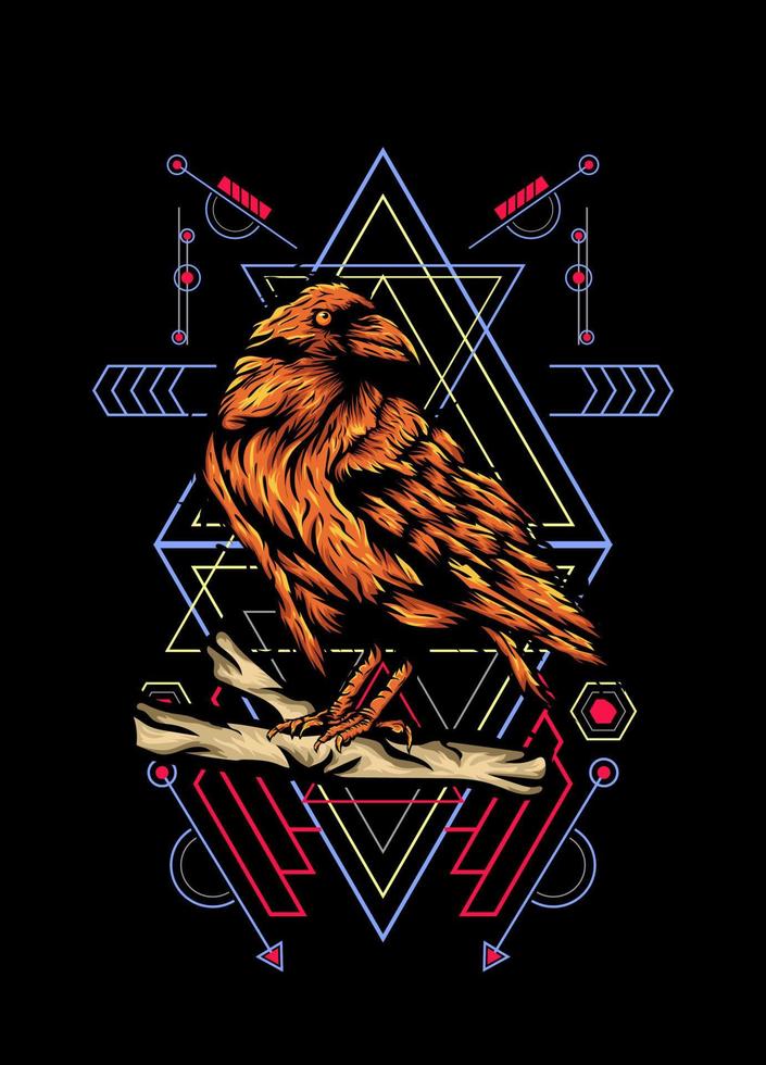 Raven, bird crow, vector illustration with sacred geometry pattern for t shirt design