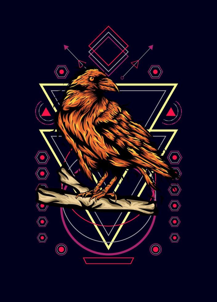 Raven, bird crow, vector illustration with sacred geometry pattern for t shirt design