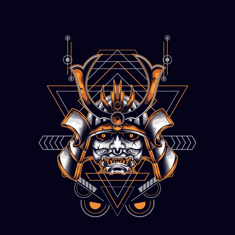 oni mask samurai head with sacred geometry ornament for t-shirt design vector