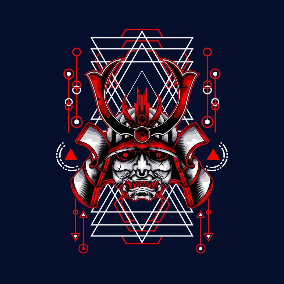 cabeza de oni samurai con adorno de geometría sagrada para papel pintado, pancarta, camiseta, afiche, sudadera con capucha, tottebag, fondo, tarjeta, ilustración de libros y página de inicio web vector